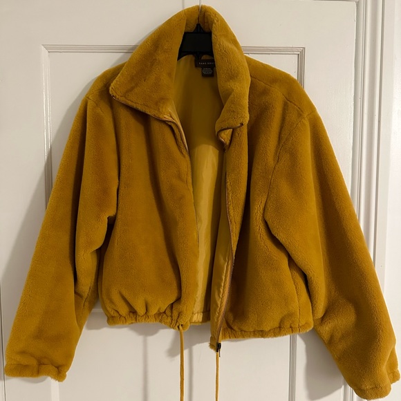 Like New! Sans Souci Golden Yellow Faux Fur Bomber Jacket (M) w/Drawstring Waist - Picture 1 of 7